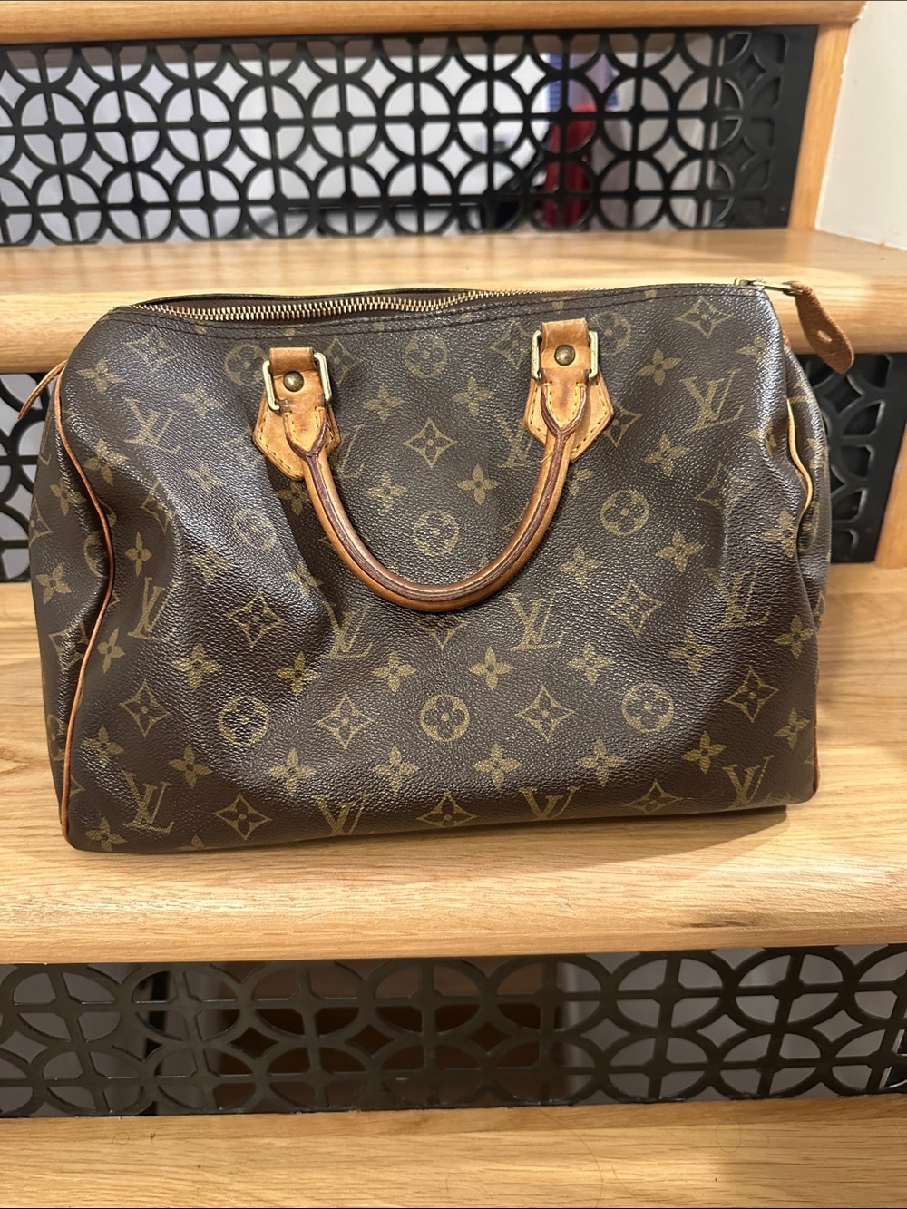Louis Vuitton Brown Monogram Canvas Handbag with Tan Trim